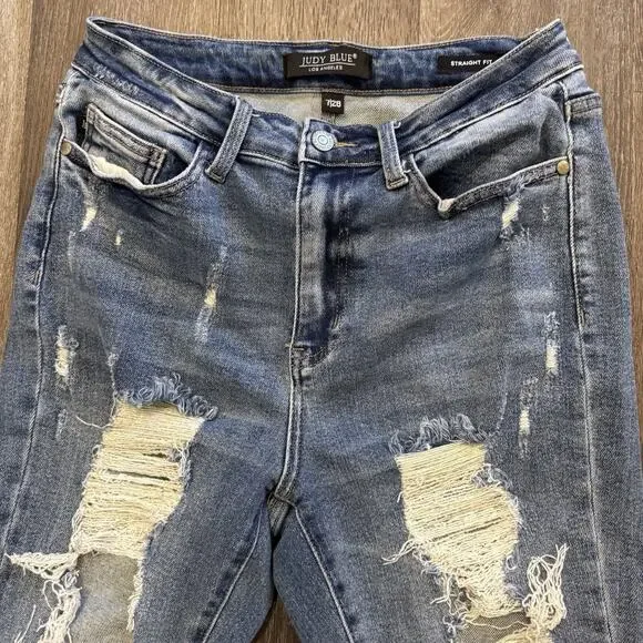 Judy Blue Distressed Shredded Jeans Straight Fit Size 7/28 Light Wash - Picture 5 of 16